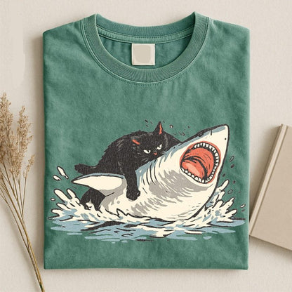 Fat Cat Vs Shark Shirt, Meme Hilarious Cat Riding Shark Funny Ocean Graphic Tee