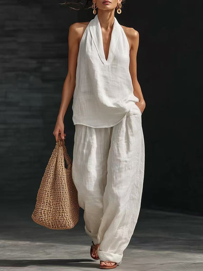 Boho Halter Neck Two Piece Set - Perfect for Beach, Vacation & Brunch! Sleeveless Top Wide Leg Pants Set