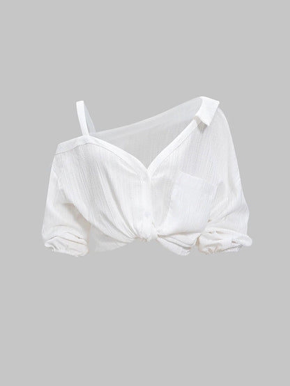 Women's Spring/Summer Asymmetrical Cold-Shoulder Blouse | Collared Button-Down with Textured Fabric and 3/4 Sleeves