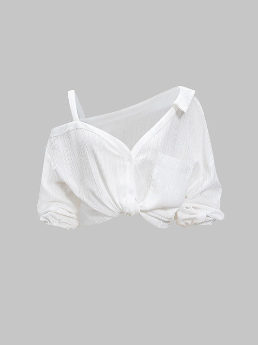 Women's Spring/Summer Asymmetrical Cold-Shoulder Blouse | Collared Button-Down with Textured Fabric and 3/4 Sleeves