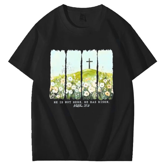 T-shirt med mønstre og print af Jesus, han er ikke her