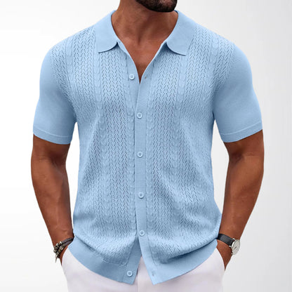 Men's Knit Button-Down Shirts, Short-Sleeve Summer Casual Shirts, Vintage Beach Vacation Shirts