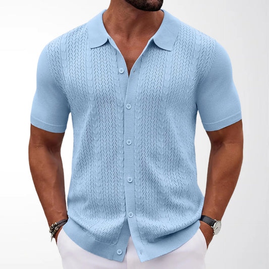 Men's Knit Button-Down Shirts, Short-Sleeve Summer Casual Shirts, Vintage Beach Vacation Shirts