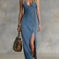 2026 Retro Sleeveless Denim Maxi Dress | V-Neck Button High Slit Bodycon Dress | Effortless Casual Outfit for Women