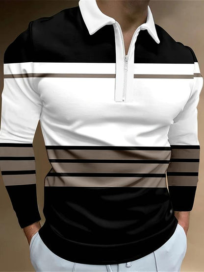 Men's Long Sleeved Zipper Collar Shirt Striped Fashion Polo Shirt Collar