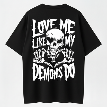 Gothic Style Dark T-shirt – ‘Love Me Like My Demons Do’ Skull and Heart Hands
