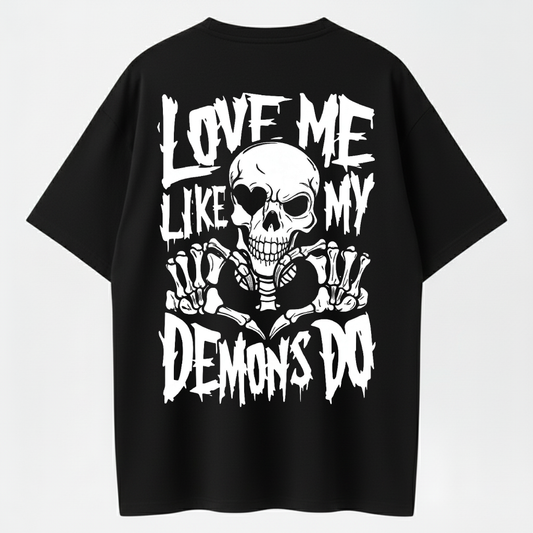 Gothic Style Dark T-shirt – ‘Love Me Like My Demons Do’ Skull and Heart Hands