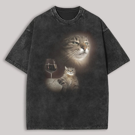 Cats And Wine Printed Unisex Washed T-Shirt