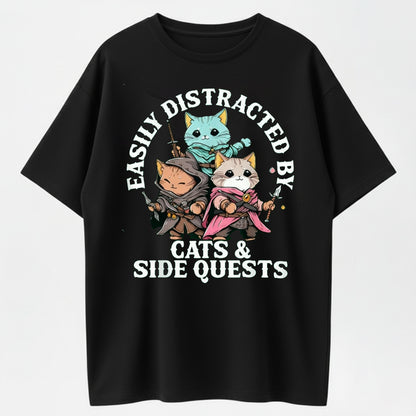 Easily Distracted By Cats & Side Quests RPG Cat Graphic T-Shirt - 100% Cotton