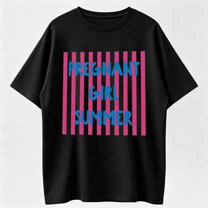 Pregnant Girl Summer Cute Pink Striped Pregnancy Announcement T-Shirt