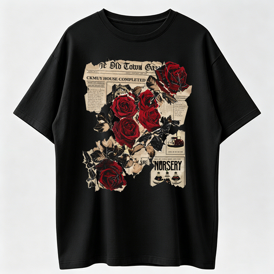 Vintage Gothic Red Rose Newspaper Collage Graphic T-Shirt – Unisex Retro Streetwear Tee