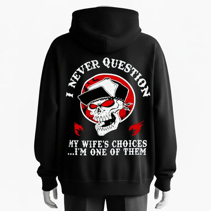 Edgy Skull Graphic Hoodie – 'I Never Question' Bold Design for Unique Street Style