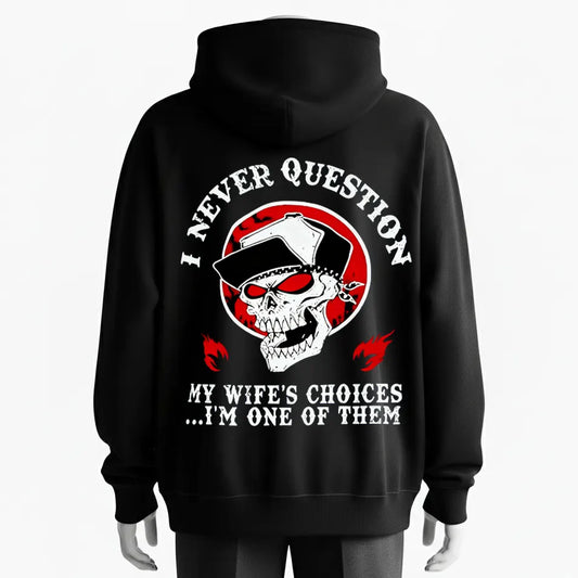 Edgy Skull Graphic Hoodie – 'I Never Question' Bold Design for Unique Street Style