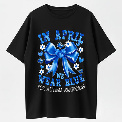 Urbntees In April We Wear Blue Autism Awareness Puzzle Bow Pure Cotton T-Shirt