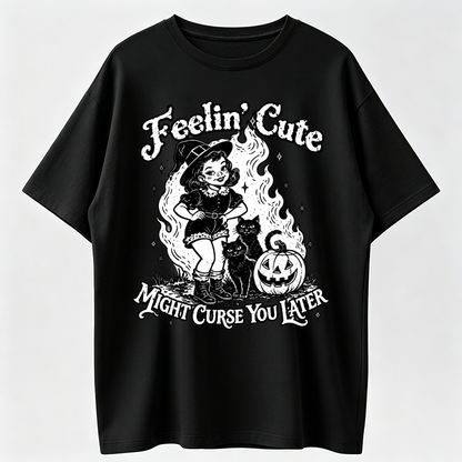 Feelin Cute Halloween Shirt, Retro Witch Girl Graphic Tee, Funny Spooky Season T-Shirt, Vintage Witchy Fall Apparel, Cute Halloween Gift