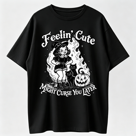Feelin Cute Halloween Shirt, Retro Witch Girl Graphic Tee, Funny Spooky Season T-Shirt, Vintage Witchy Fall Apparel, Cute Halloween Gift