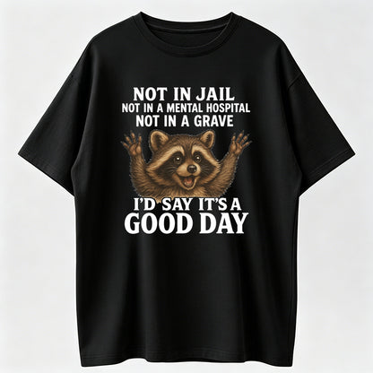 Not In Jail Not In Mental Hospital Not In Grave It's A Good Day Funny Raccoon T-Shirt