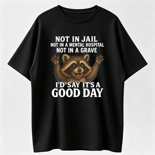 Not In Jail Not In Mental Hospital Not In Grave It's A Good Day Funny Raccoon T-Shirt