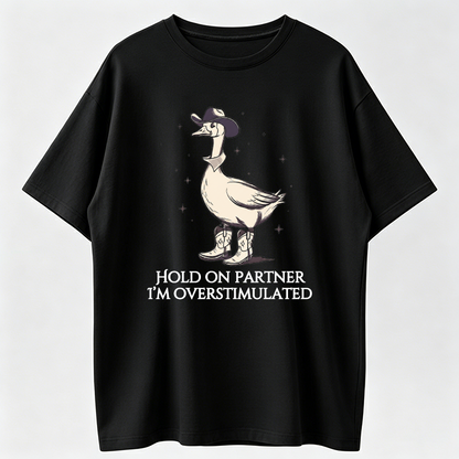 Dark Gray Vintage Washed Funny Cowboy Duck Pattern Print Shirt with Slogan "Dude, I'M a Little Over Excited" Western Style Casual Top
