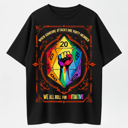 D&D Inspired Rainbow D20 T-Shirt – Unite & Roll for Initiative in Style