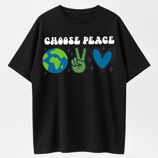 Retro Cartoon Earth & Peace Sign Heart Hand Gesture Trendy Short Sleeve