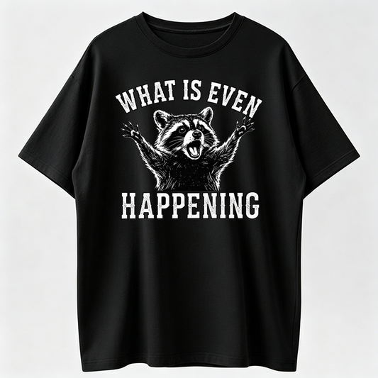 Casual Streetwear T-shirt, Funny Confused Raccoon Graphic, Sarcastic "What Is Even Happening"