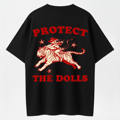 "Protect The Dolls" Vintage Cowgirl & Tiger Graphic T-Shirt - 100% Cotton Heavyweight(Reverse Design)