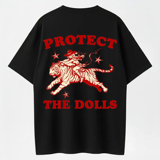 "Protect The Dolls" Vintage Cowgirl & Tiger Graphic T-Shirt - 100% Cotton Heavyweight(Reverse Design)