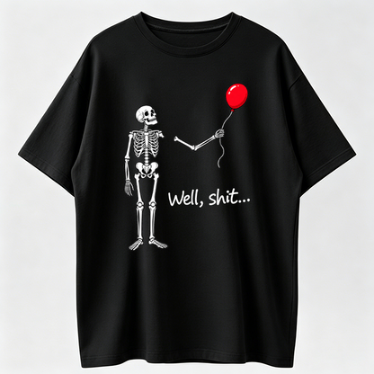 Funny Skeleton Balloon Shirt, Dark Humor Graphic Tee, Halloween Style Black Short Sleeve  Blend Top, Skeleton Gift Shirt