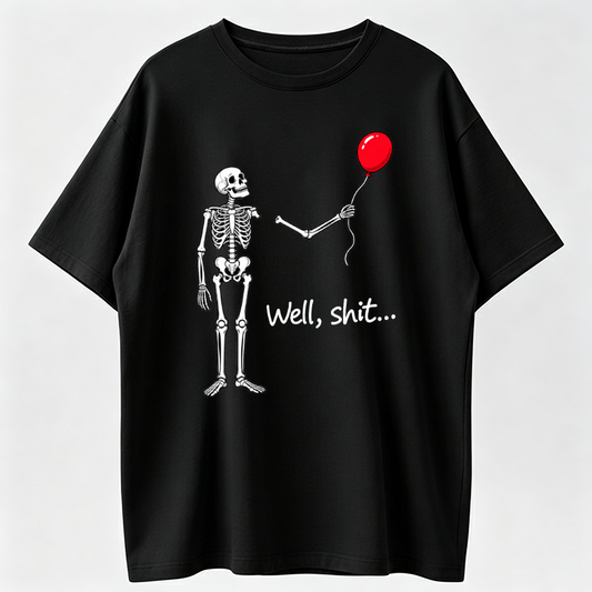 Funny Skeleton Balloon Shirt, Dark Humor Graphic Tee, Halloween Style Black Short Sleeve  Blend Top, Skeleton Gift Shirt
