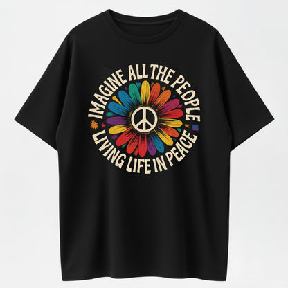 MAGINE Rainbow Flower Peace Sign Lyric Hippie Retro T-Shirt