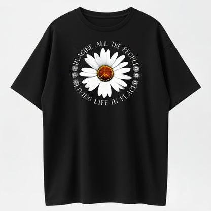 Imagine All The People Living Life In Peace Daisy Peace Sign T-Shirt - 100% Cotton