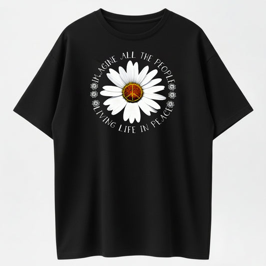 Imagine All The People Living Life In Peace Daisy Peace Sign T-Shirt - 100% Cotton