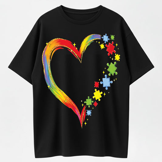 Urbntees Rainbow Heart Puzzle Pieces Autism Awareness Graphic Pure Cotton T-Shirt