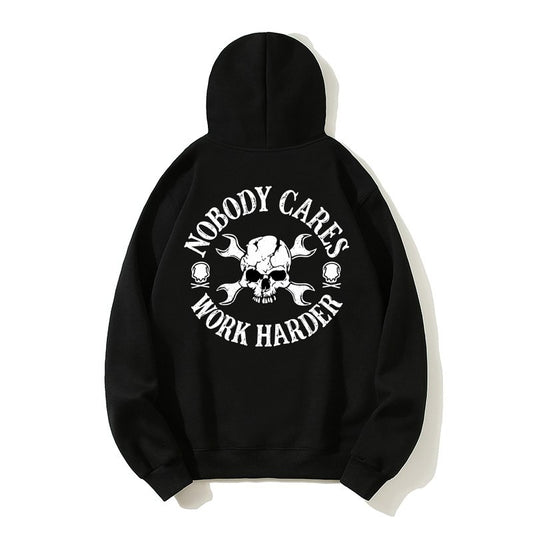 Men's Nobody Cares Work Harder Skull Graphic Hoodie – Vintage Mechanic Pullover