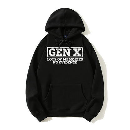 Retro Gen X Cotton Blend Graphic Hoodie - Distressed Hoody, Sarcastic "Lots Of Memories No Evidence" Print, Oversized Drawstring Hood, Crew Neck Pullover for Fall Winter Casual Wear