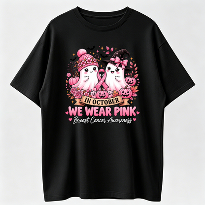 Halloween T-shirts, Christmasin October We Wear Pink Ghost Witch Breast Cancer Awareness