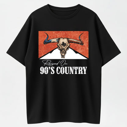Women's Vintage 90s Country Graphic Fitted Tee Western Bull Skull Print T-Shirt Casual Summer Festival Top, Round Neck, Raised On 90s Country Music