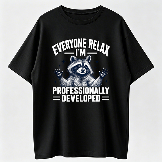 Graphic T-Shirt, Funny Raccoon Print, Everyone Relax I'm Professionally Developed, Vintage Animal Graphic Tee, Casual Everyday Shirt