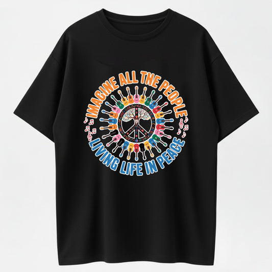 Guitar Peace Tree IMAGINE Lyrics Multicolor Guitar Print T-Shirt
