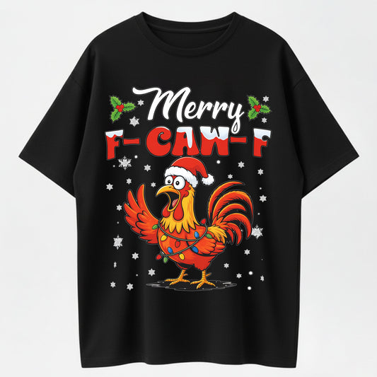 English Title:  100% Cotton "Merry F-Caw-F" Christmas Rooster T-Shirt