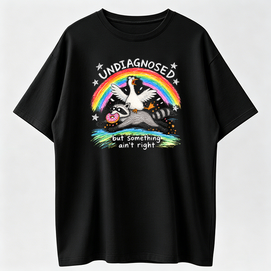 Undiagnosed But Something Ain't Right TShirt, Funny Goose Riding Raccoon Tee, Silly Goose T-Shirt, Mental Health Humor Gift