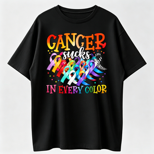 Cancer Sucks In Every Color Ribbon Awareness Print T Shirt Women Casual Short Sleeve Top