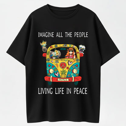 Imagine All The People Living Life In Peace Hippie Bus Funny Graphic T-Shirt