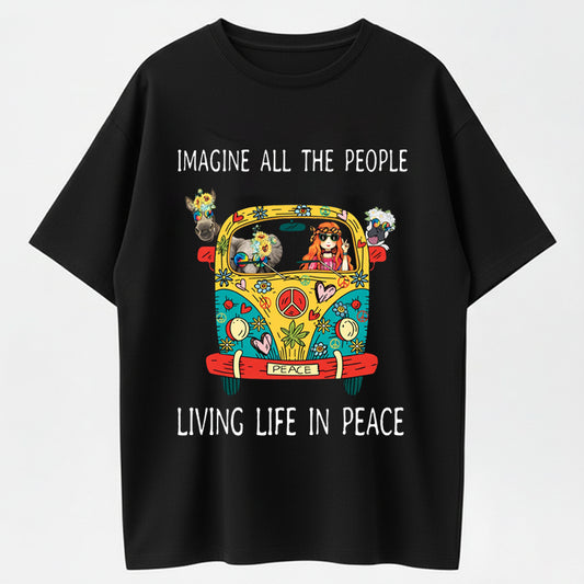 Imagine All The People Living Life In Peace Hippie Bus Funny Graphic T-Shirt
