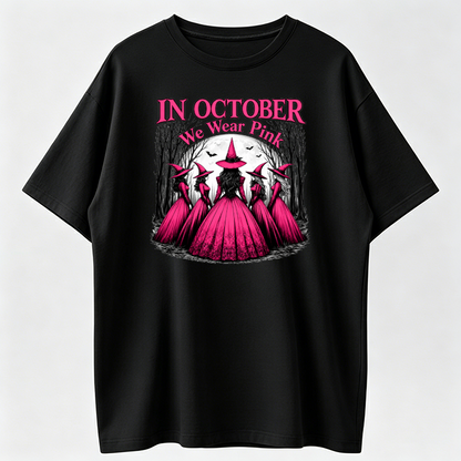 Women's Gothic Witch T-Shirt - Pink & Black Suitable for Halloween Costumes with Witches' Hats & Bats Print, Crew Neck Casual Tee for October Parties, Themed Outfits, Machine Washable Witch Design