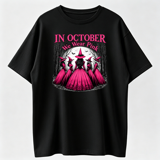 Women's Gothic Witch T-Shirt - Pink & Black Suitable for Halloween Costumes with Witches' Hats & Bats Print, Crew Neck Casual Tee for October Parties, Themed Outfits, Machine Washable Witch Design