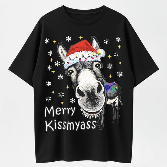 100% Cotton "Merry Kissmyass" Christmas Donkey T-Shirt