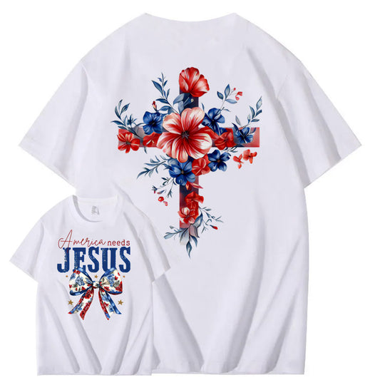 Independence Day America Needs Jesus  Pattern Print T-Shirt