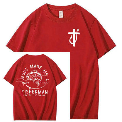 Jesus Made Me A Fisherman Pattern Print 100%Cotton T-Shirt